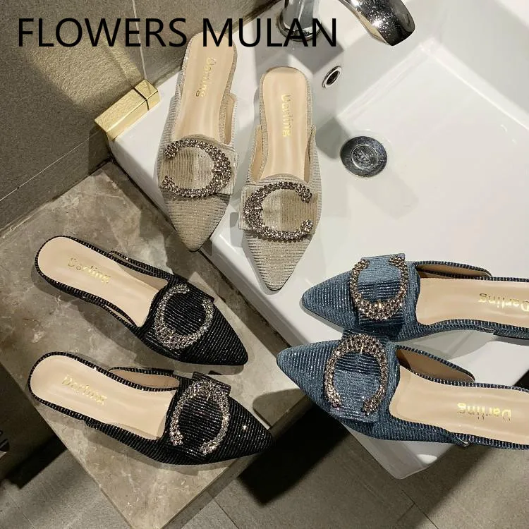 

Luxury Blue Gold Black Sequined Stretch Fabric Slippers Women Fashion Crystal Buckle Girl Loafers Chunky Heels Female Mules Shoe
