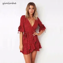 Yinlinhe Red Polka Dot Vestido de Verão de Manga Curta V neck Sexy Wrap Dress Mulheres Vestido de Cintura Fina Elegante Boho Ruffles vestidos 326