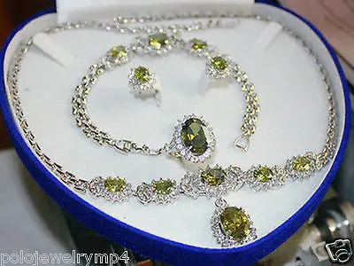 

Jewelry fashion Throws green crystal necklace bracelet earring ring set>>18K GP Plated gold Bridal wide watch wings queen JEWE