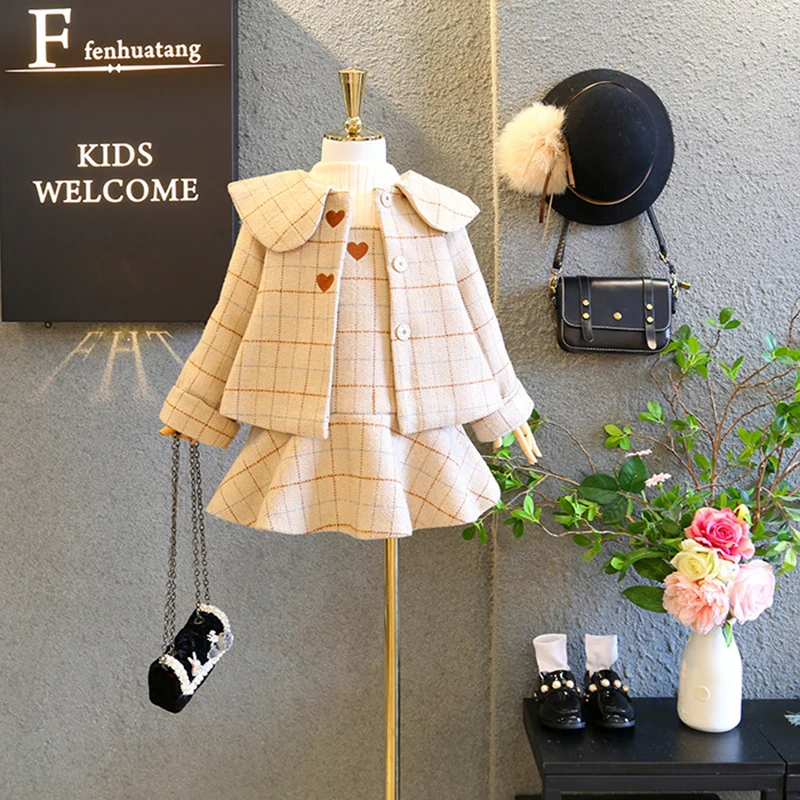 

2 Piece Girls Plaid British Style Skirt Korean Clothing 2018 Autumn Winter Princess Vest Skirt Coat Beret Children's Clothing