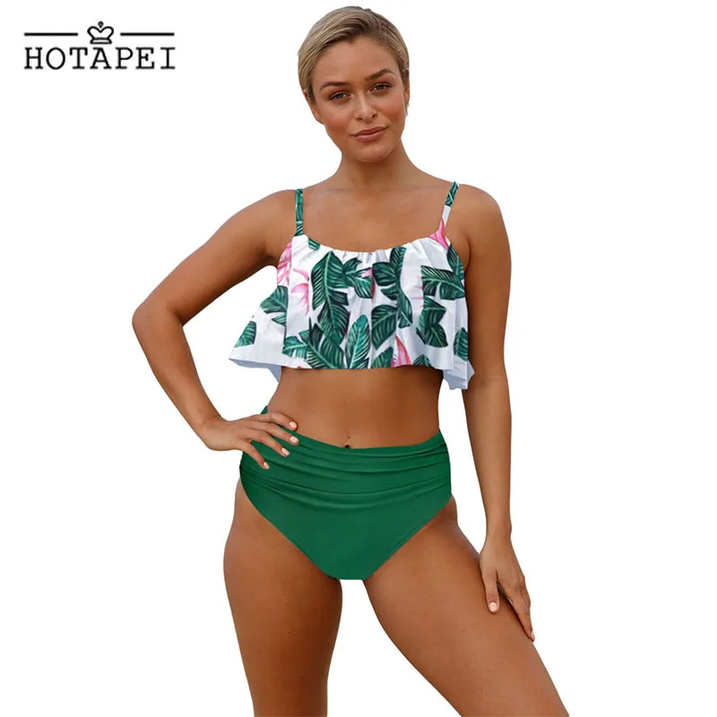 

Hotapei Vintage Bikini set High Waist Swimwear Women Green Ruffle Two Piece Swimsuit Sexy Biquini Beach Bathing Suit XL LC411260
