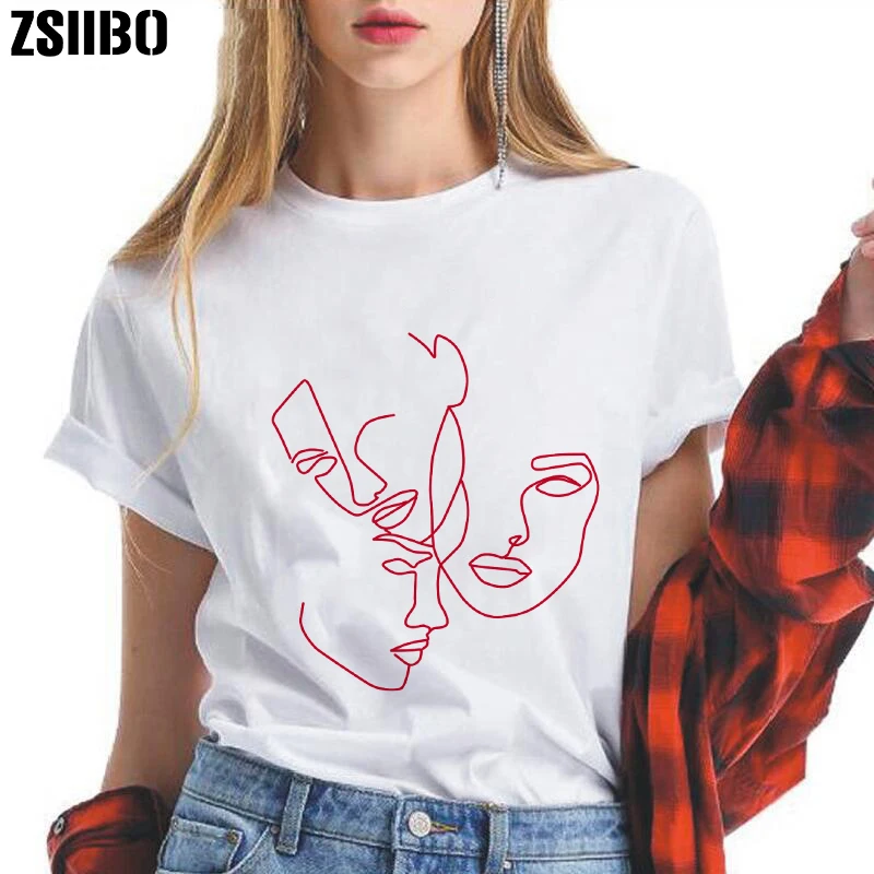 

Abstract line printing summer women's Harajuku short-sleeved black fashion fun retro loose large size S-2XL women's T-shirt tops