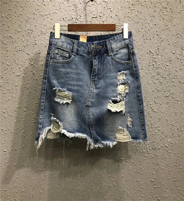 

2019 Summer Plus Size Hole Ripped Jeans Fashion High Waist Womens Pencil Skirt Straight Sexy Mini Denim Skirts