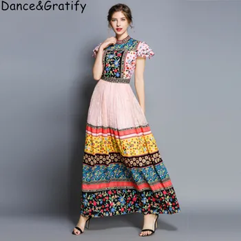 

New 2019 Summer Lace Patchwork Runway Maxi Dress Women's High End Vintage Printed Butterfly Sleeve Vacation Long Vestido