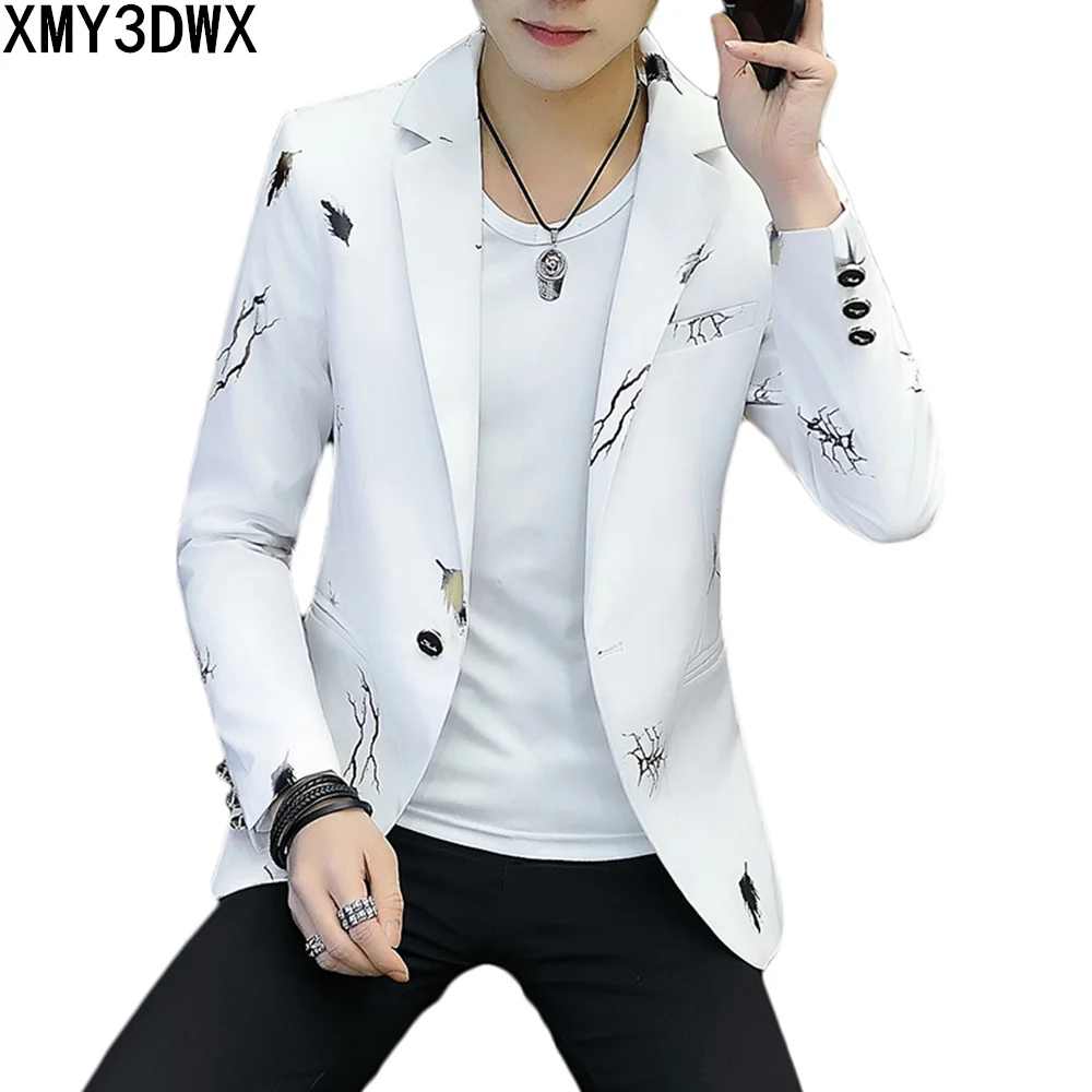 

Korean White/Black/Purple/Blue Print Blazer 2018 New Arrival Slim Fit Casual Single buckle Printed Suit Men Blazer Jacket