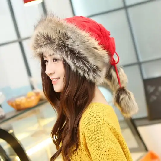 Rabbit Fur Women Thick Hat Winter Thermal Knitted Bomber Hats Windproof Match Female Cap