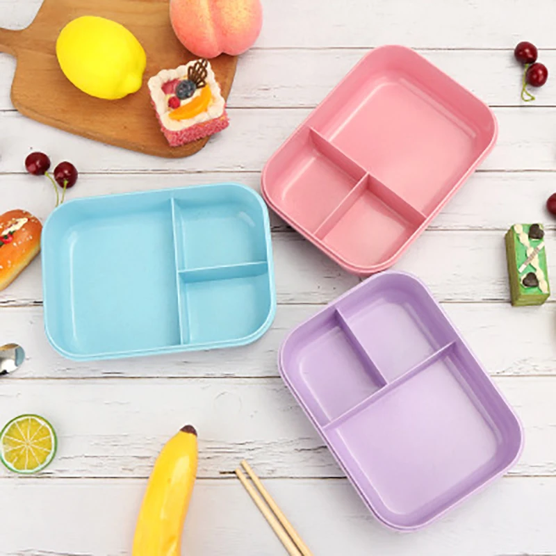 

Baispo 1200ML Wheat Straw Lunch Box Candy Colors Eco-Friendly Microwavable Three Grid Food Container Student Picnic Bento Box