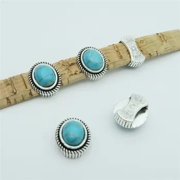 

10 Pcs for 10mm flat leather, Antique silver with turquoise slider beads jewelry supplies jewelry finding D-1-10-141