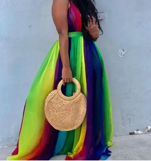 

Summer Women's Deep V-neck Sexy Dresses Backless Spaghetti Strap Sling Gradient Chiffon Mid-waist Pleated Dress Floor Length