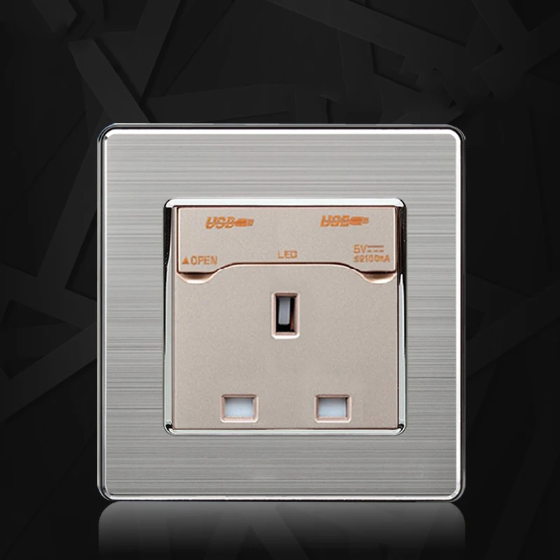 

CE ROHS British 13A AC 110~250V Three hole Supply Sockets Mobile phone USB Charging Wall Socket Outlets Stainless steel frame