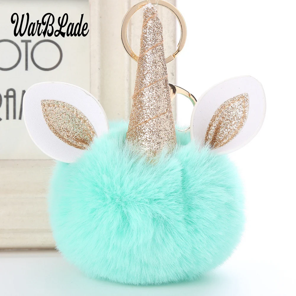 2019 Pompon Fluffy Unicorn Key Chain Artificial Rabbit Fur Pompoms Ball unicorn Keychain Porte Clef Women Bag Car Keyring