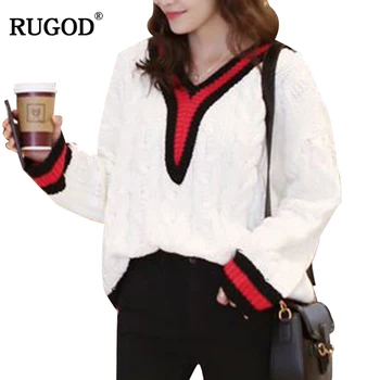

RUGOD Autumn Winter Sweaters Women 2019 Korean Style Color Block Twist Knitwear Pullover Female V Neck Long Sleeve Jumper Befree