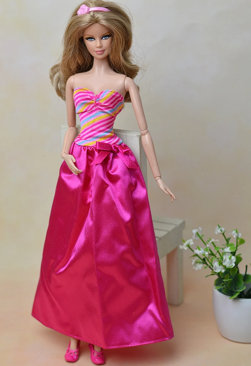 ピンクファッション人形服レインボーロングイブニングドレス用バービー人形vestidosパーティードレス用1