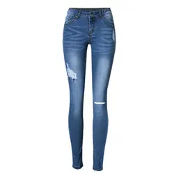 Женщины с низкой талией плотный эластичный отверстие джинсовые узкие брюки женские повседневные обтягивающие джинсы-варёнки (синий, 6