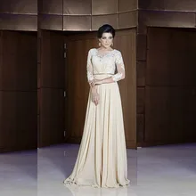 016 neue Ankunft Elegante Dreiviertel Sleeves A-linie Champagne Chiffon Abendkleider Lange Party Prom Kleider Mit Spitze