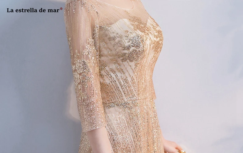 Vestido de madrinha de casamento longo новый кружева блестки Половина рукава линия Золотой bridsmaid платья красивые