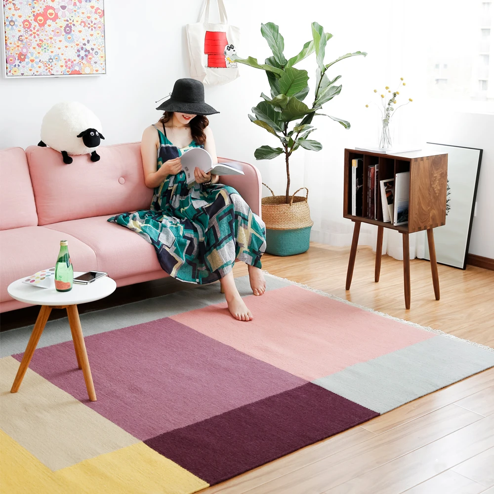 

collalily 100% wool Kilim Carpet geometric Bohemia Indian Rug Parlor pink living room plaid striped Modern design Nordic style
