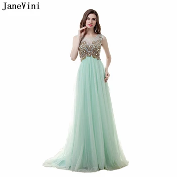 

JaneVini 2018 Charming Tulle Long Bridesmaid Dresses A Line Scoop Neck Backless Crystal Beaded Formal Prom Gowns Abiti Damigelle