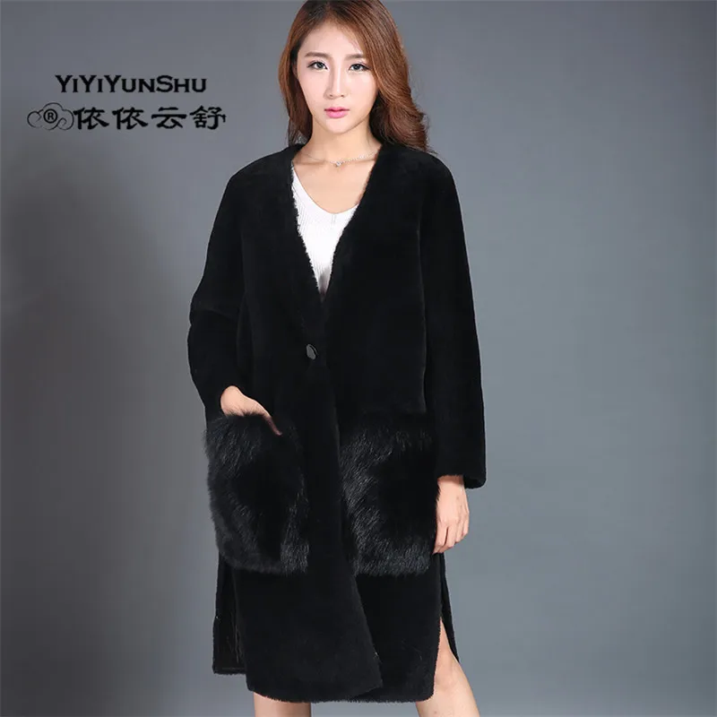 

YIYIYUNSHU Real Double-faced Fur Coat For Women Merino Sheep Fur Fox Fur Pocket Collar Design Winter Warm Jacket Female Fur Coat