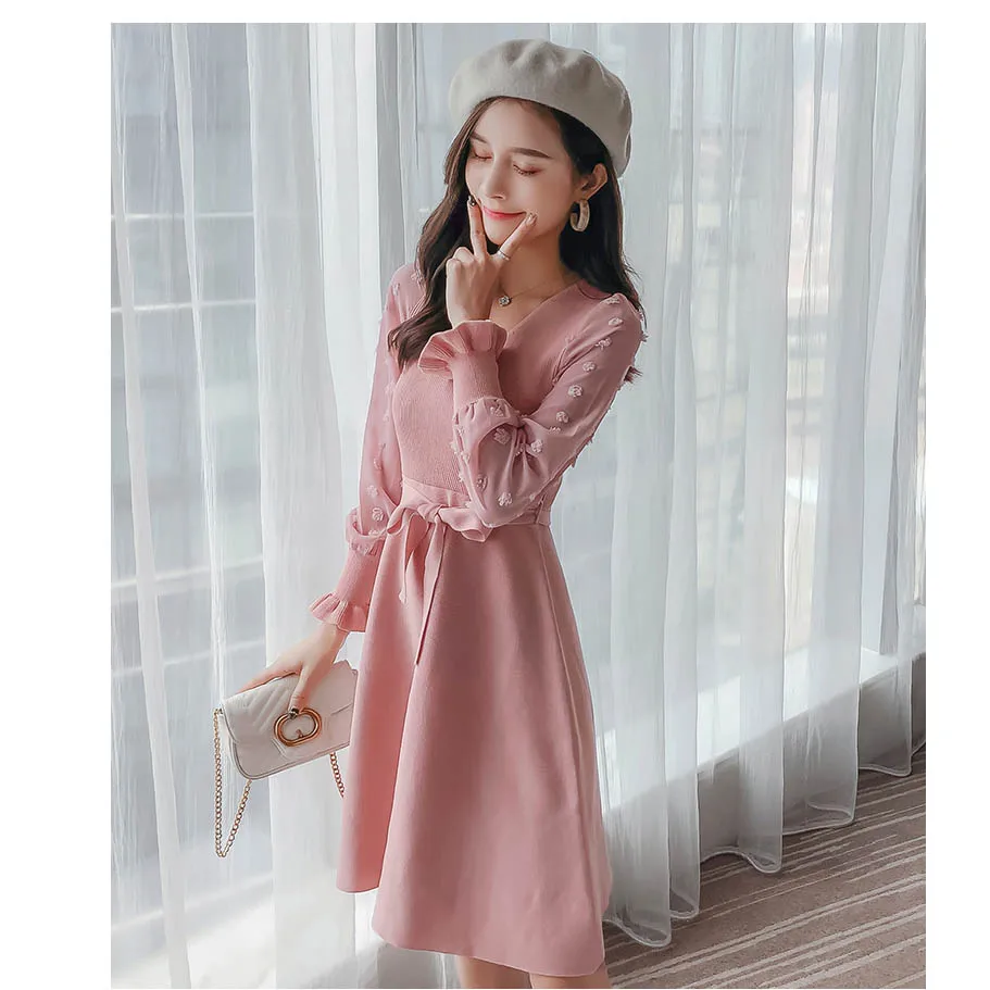 Новое Женское трикотажное платье с драпировкой в стиле пэчворк, элегантное платье с высокой талией и милым бантом на шнуровке, Повседневное платье с длинным рукавом D8D610I - Цвет: Pink