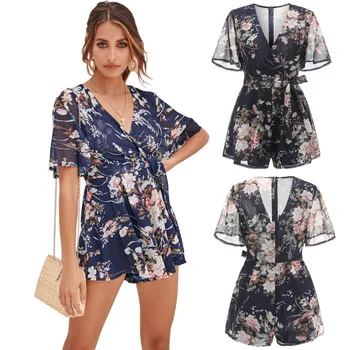 

New spring summer European and American fashion popular sexy chiffon beach loose popular wide leg ladies sexy jumpsuit