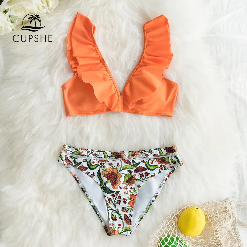 Billig CUPSHE Orange Rüschen Bikini Sets Mit Blumen Unten Sexy Badeanzug Zwei Stück Bademode Frauen 2020 Strand Badeanzug Biquinis