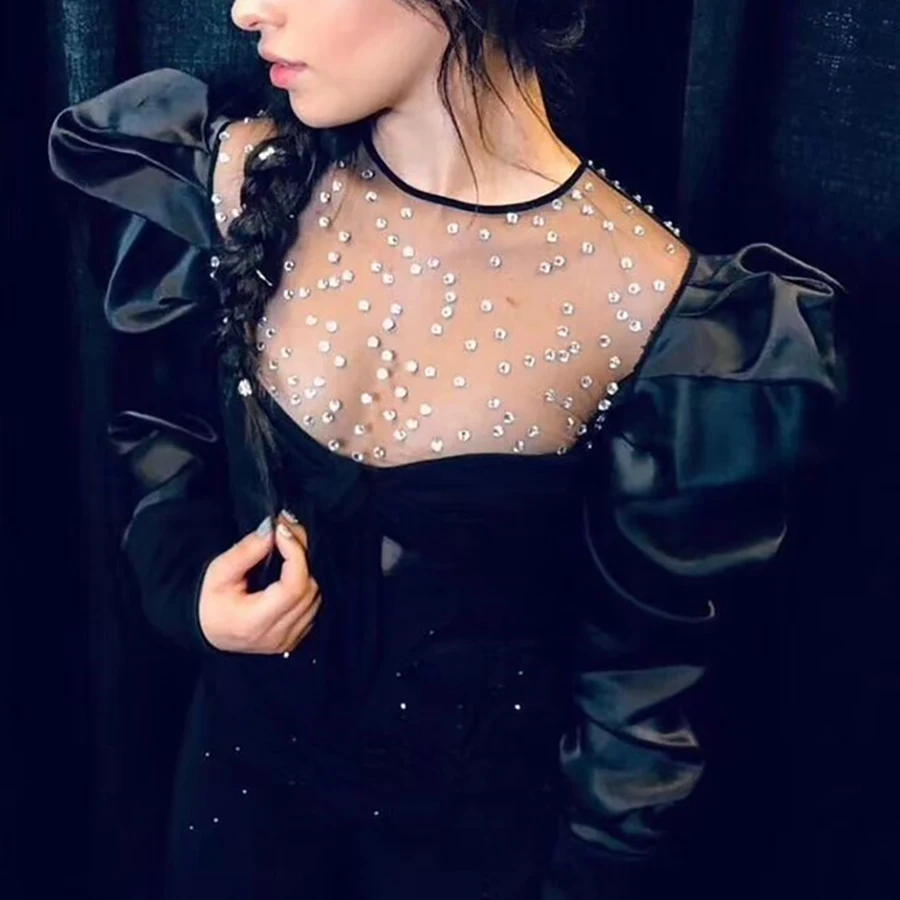 

2019 Autumn Diamond Mesh Crop Top Sexy Blouse Palace Style Sweet Puff Sleeve Drawstring Bow Top O-neck Short Style Shirt