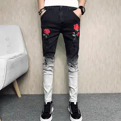 Мужские вышитые розы Зауженные джинсы лоскутные модные отверстие хит Цвет джинсы Узкие штаны Новое поступление