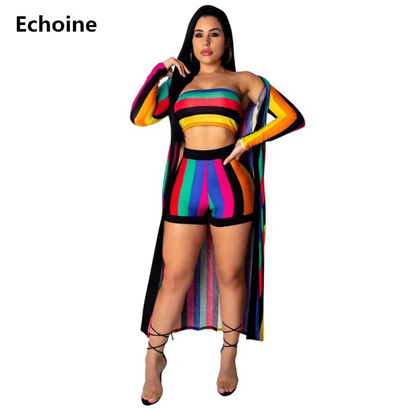 

Women 3 Piece Set Strapless Crop Top and Shorts and Long Cardigans Colorful Striped Print Shorts Set Bodycon Party Club Outfit