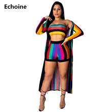 Women 3 Piece Set Strapless Crop Top and Shorts and Long Cardigans Colorful Striped Print Shorts Set Bodycon Party Club Outfit Women 3 Piece Set Strapless Crop Top and Shorts and Long Cardigans Colorful Striped Print Shorts Set Bodycon Party Club Outfit