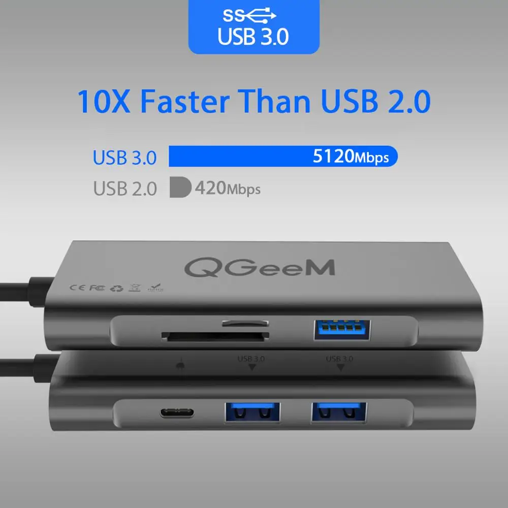 QGeeM USB C концентратор HDMI type-C концентратор к Hdmi USB 3,0 Thunderbolt 3 кард-ридер для Macbook mate20 P30 glaxy S9 S10 USB C концентратор