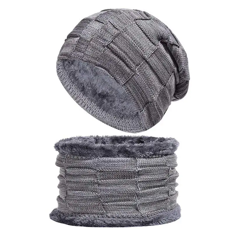 2Pcs Scarf Hat Set Women Winter Warm Neck Guard Fleece Lined Knitted Soft Caps