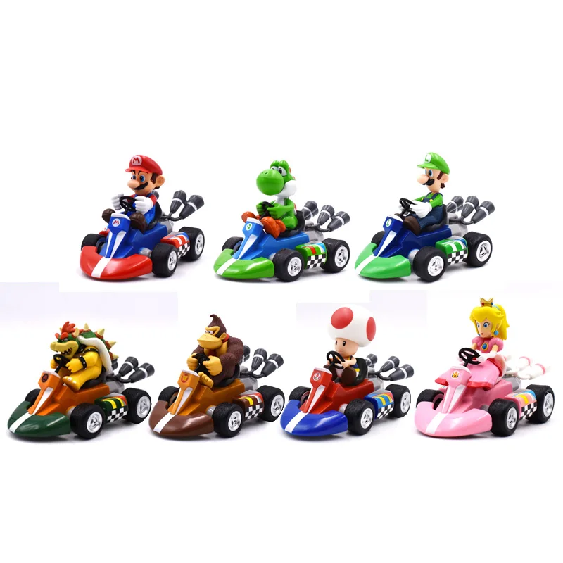 7 pcs/lot Anime Super Mario Bros Kart Pull Back Car Donkey Kong Peach Toad Luigi PVC Action Figure Doll Collectible Model Toy