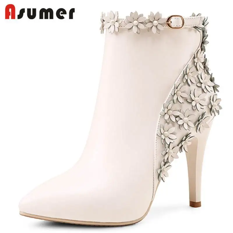 

ASUMER HOT 2020 fashion pointed toe ankle boots for women appliques genuine leather boots zipper stiletto high heel winter boots