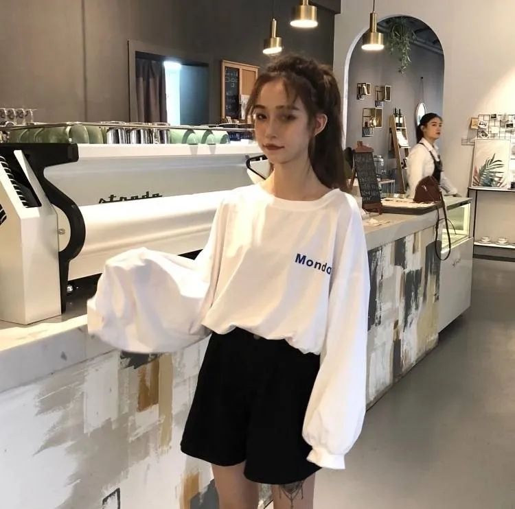 T-shirts Women Spring Korean Style Loose Harajuku All-match Womens Print O-Neck Full Sleeve Female Leisure Trendy Comfortable