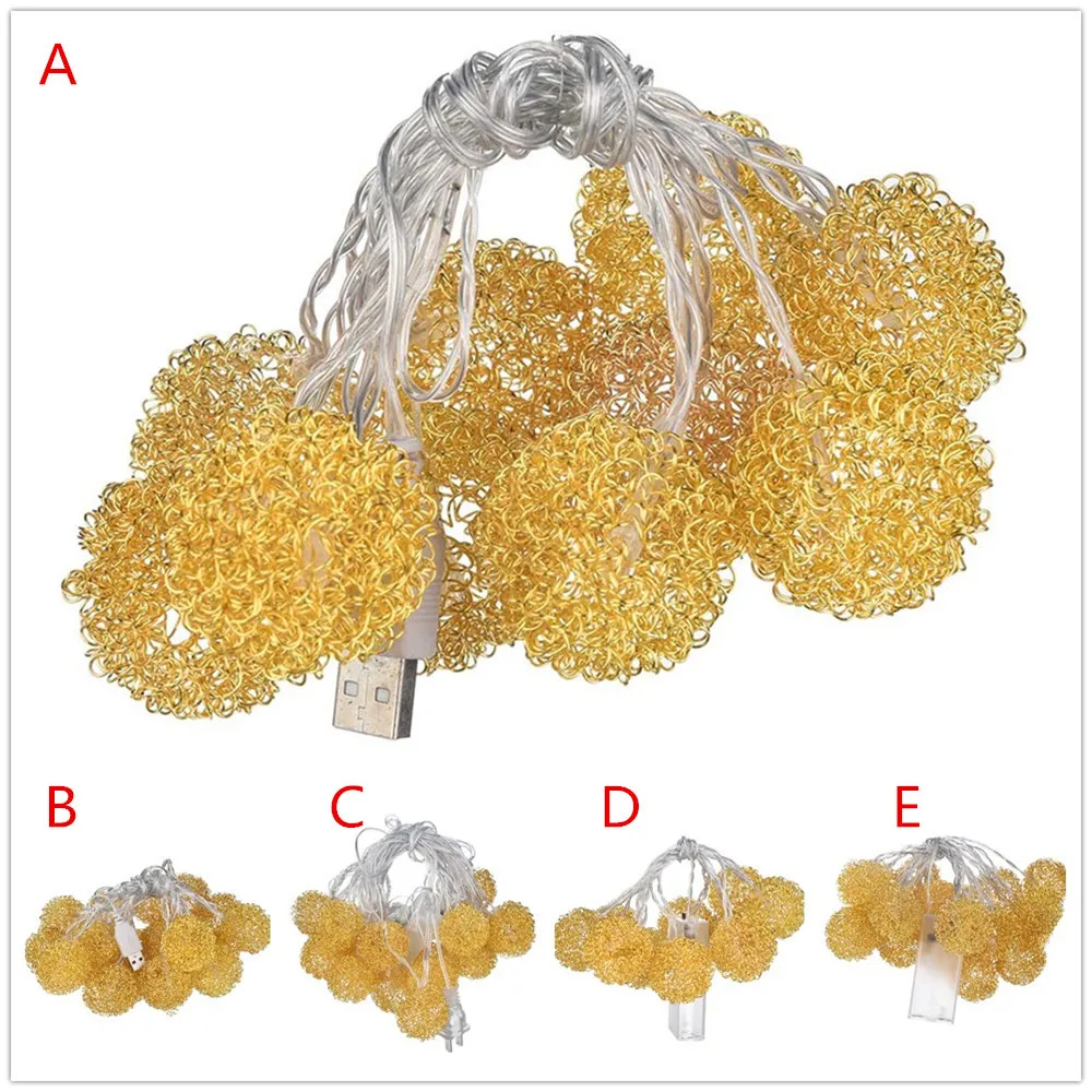 Светодиодный светильник из кованого железа, Золотая проволока, шар, фея, Висячие свадебные спальни, патио, светодиодная гирлянда, батарея, праздничное освещение