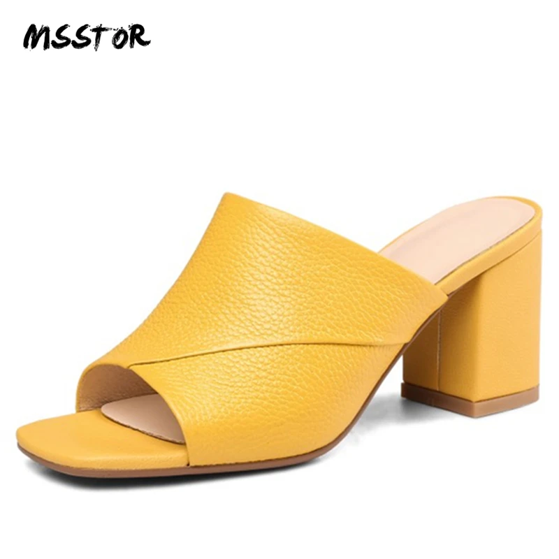

MSSTOR Yellow Summer Slippers Women Concise Peep Toe Genuine Leather Peep Toe High Heels Shoes Women Rubber Ladies Slippers