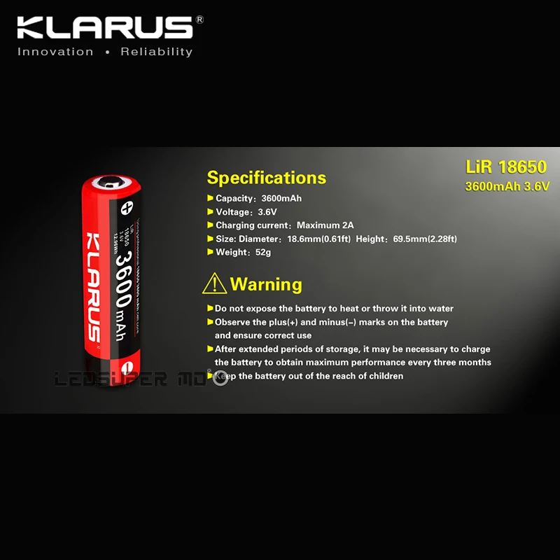 klarus 3600mAh литий-ионная аккумуляторная батарея 18650 для портативного освещения