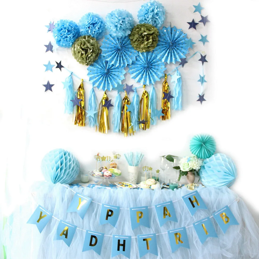 

21 pcs/set Birthday Party Paper Decoration Kit BanneDots Paper Fan Rosettes Pom Poms Cake Toppers Tassel Garland Supplies