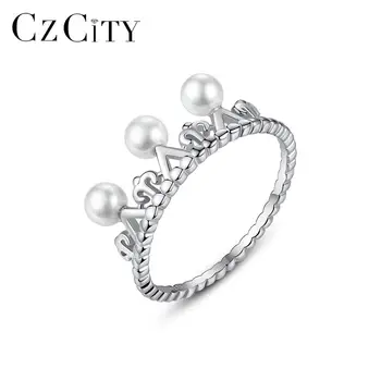 

CZCITY 925 Sterling Silver Crown Rings for Women Wedding Engagement Fine Jewelry Pearl Boucle D'Oreille Femme Love Gift FR0016