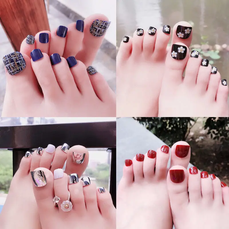 

24Pcs/Set Acrylic Toes False Nails Full Cover Red Artificial Square Nails Tips Press on Nails Faux Ongle DIY Toenail with Glue