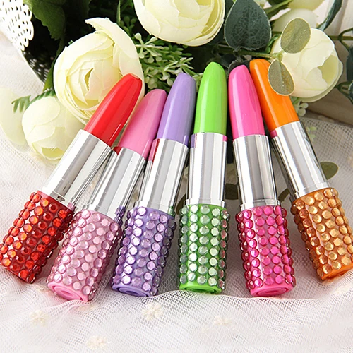

3 Pcs Multicolor Rhinestone Stationer Lipstick Shape Ballpoint Pen Thick Ballpen Ramdom Color