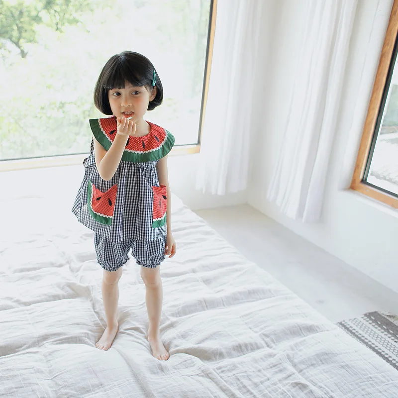 

Girls' suit watermelon collar plaid jacket with shorts 2019 summer clothes new 2-7-year-old girls clothes 2-8 year