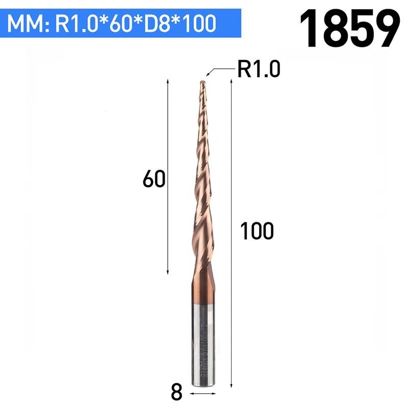 1 шт. HRC55 коническая шаровая Концевая фреза с вольфрамовым твердосплавным покрытием конус с ЧПУ фреза D4-D10mm гравировальный станок - Длина режущей кромки: 1859