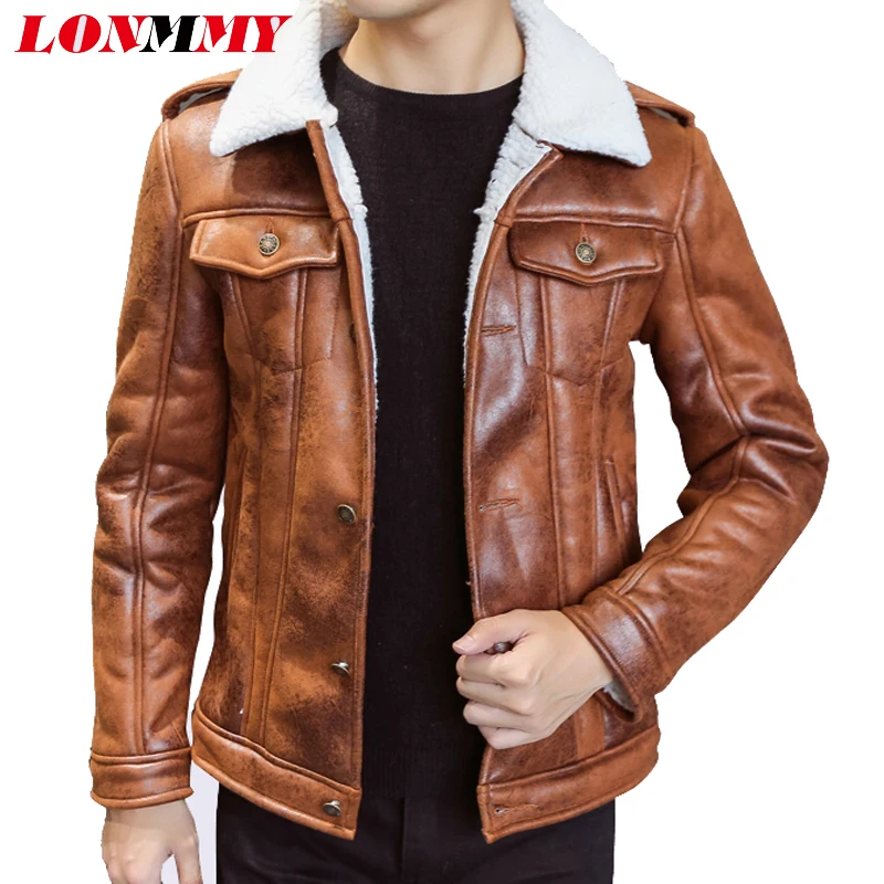 LONMMY Plus velvet liner Leather jacket men thick and warm Suede pilot ...