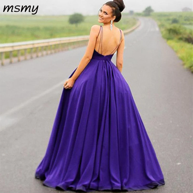 Long Satin Open Back Ball Gowns Evening Dresses Formal 2018