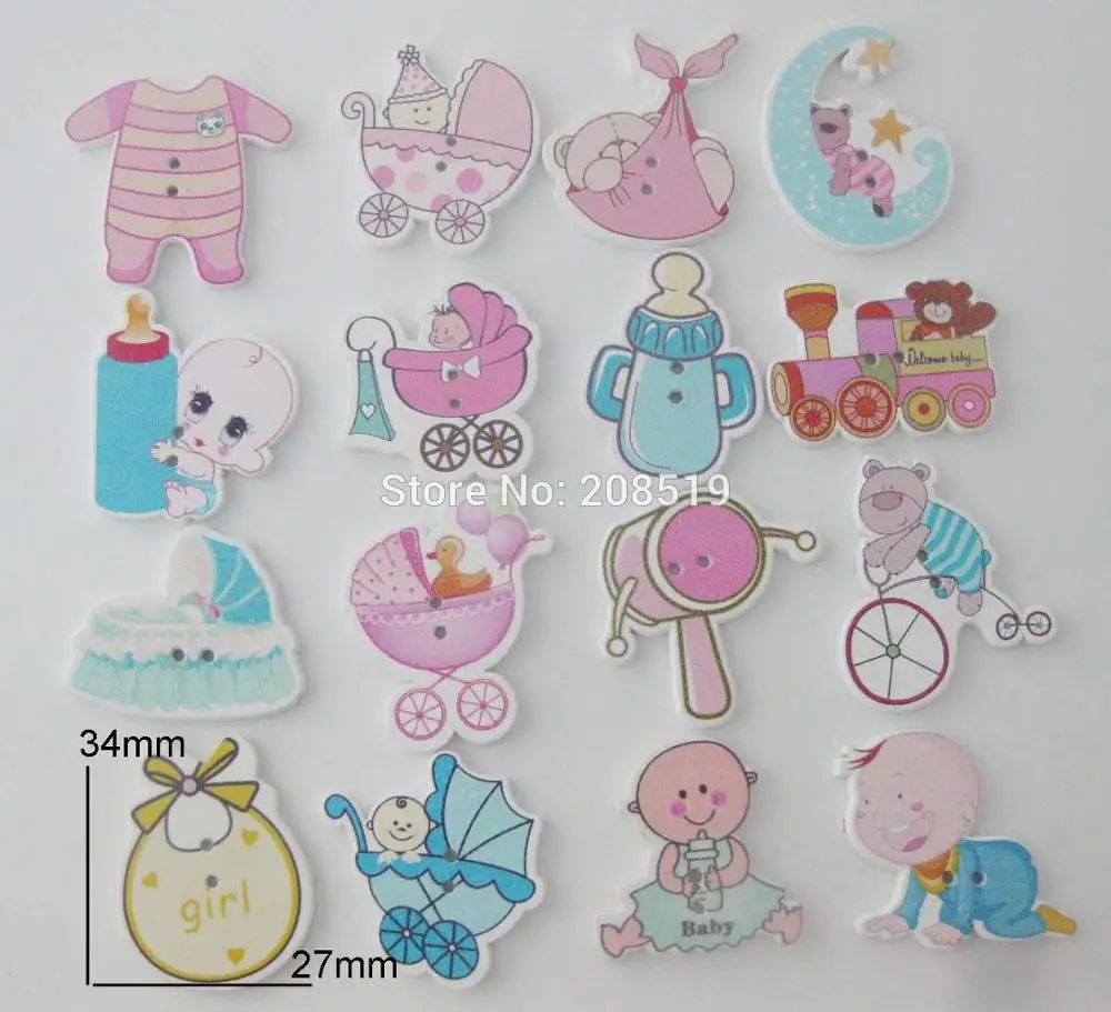 

WBNWGE 100pcs Lovely baby buttons mix randomly patterns printed wood button garment accessories