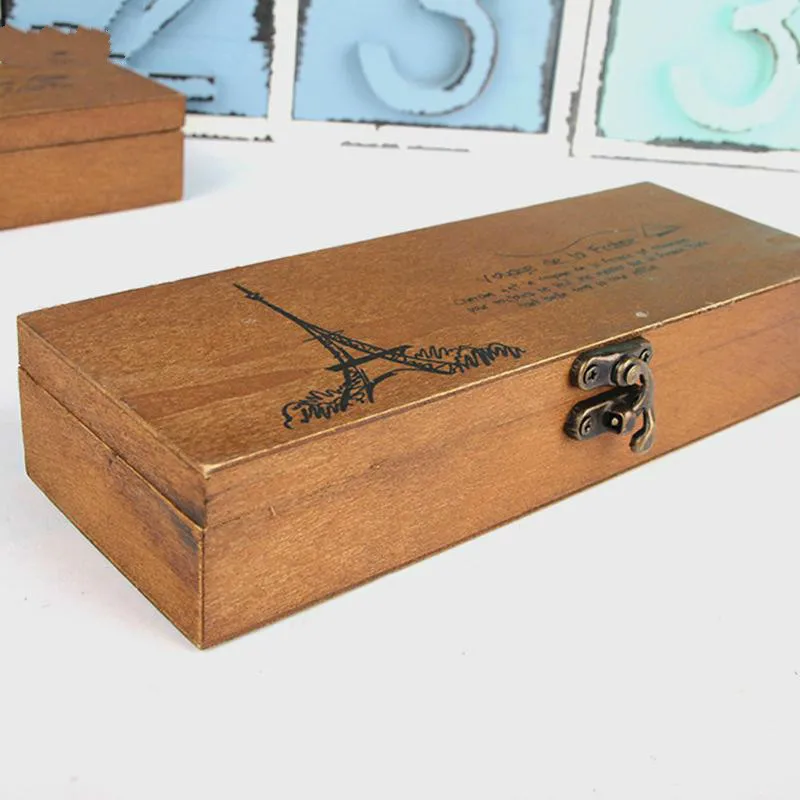 

Retro Vintage Wood Pencil Case Eiffel Tower Pen Storage Box With Metal Buckle Organizer Container School Stationery Supply