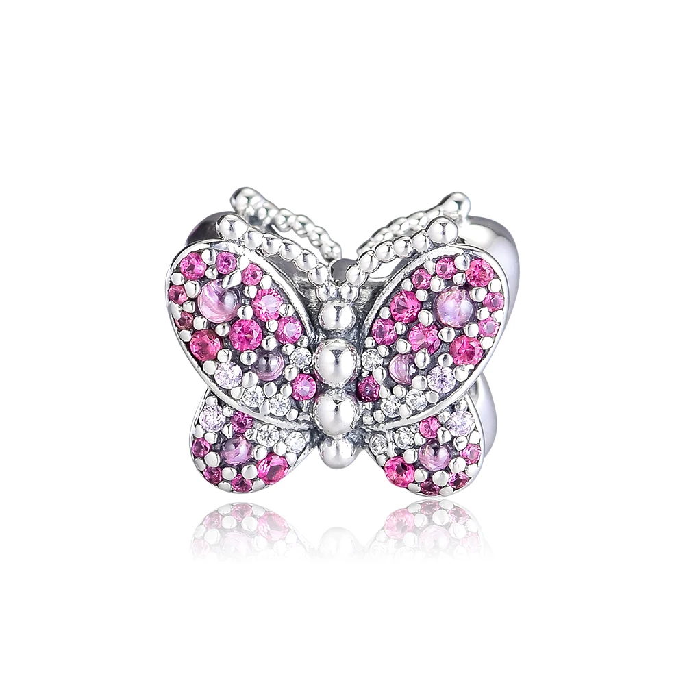 

Pandulaso Dazzling Pink Butterfly Charm Spring Charms Fits Original DIY Snake Chain Bracelets Woman Sterling Silver Jewelry