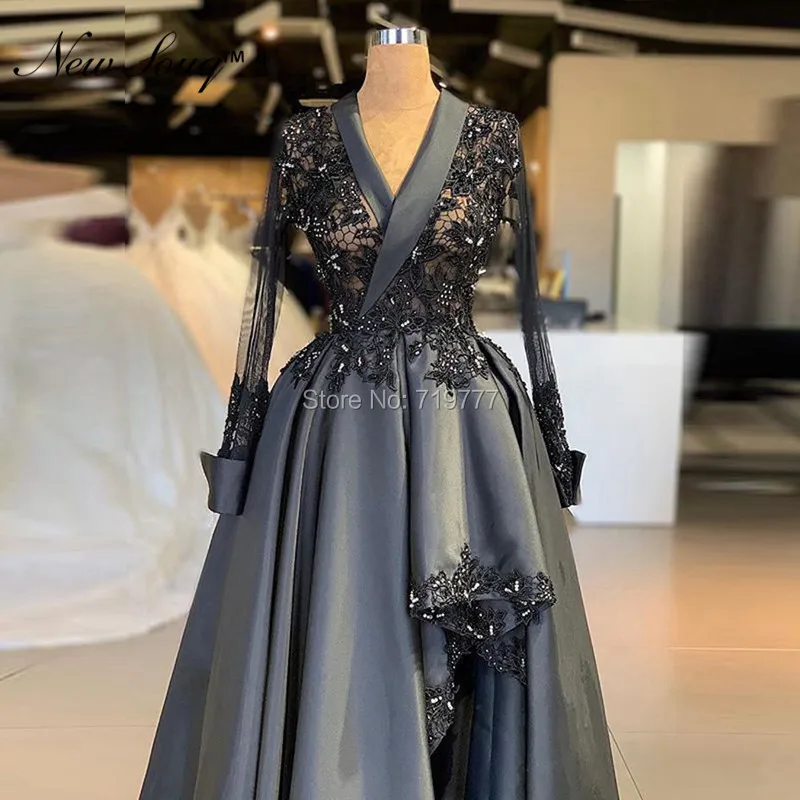Черная официальная аппликация для вечернего платья бисерные арабские платья для вечеринок для свадеб кружевные платья с длинным рукавом и v-образным вырезом для выпускного вечера Vestidos